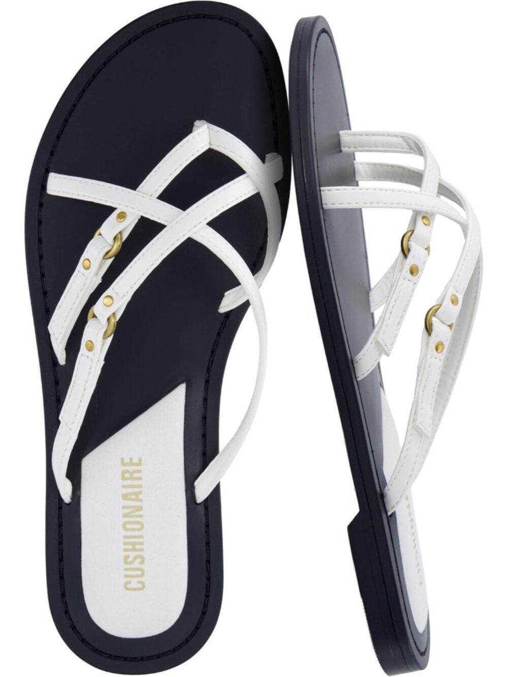 Women's White Thong Strappy Sandals Flat Sandals with Decorative Ring Accents
